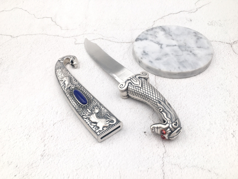 良平银饰 银刀具足银s990复古做旧镶玛瑙银弯刀