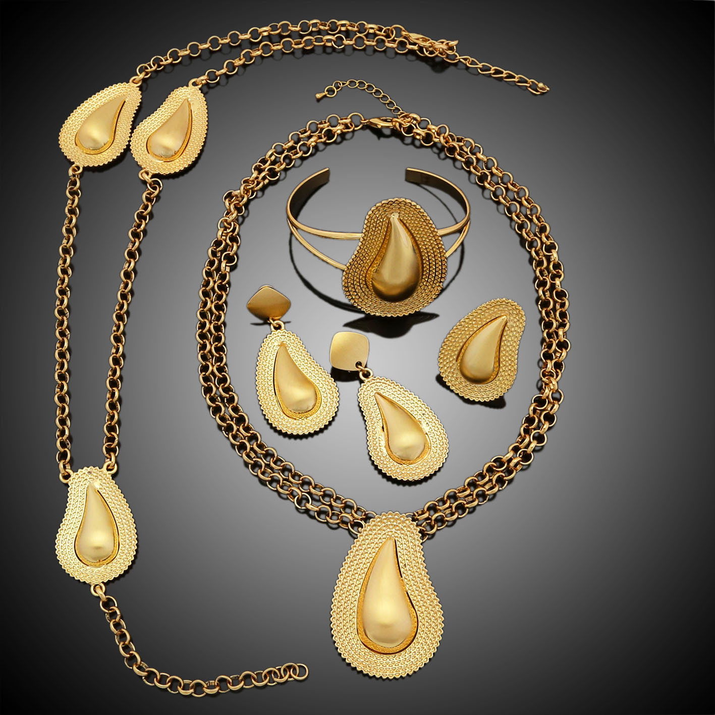 欧美电镀铜合金24k珠宝镶钻首饰项链手链额饰耳环戒指五件套