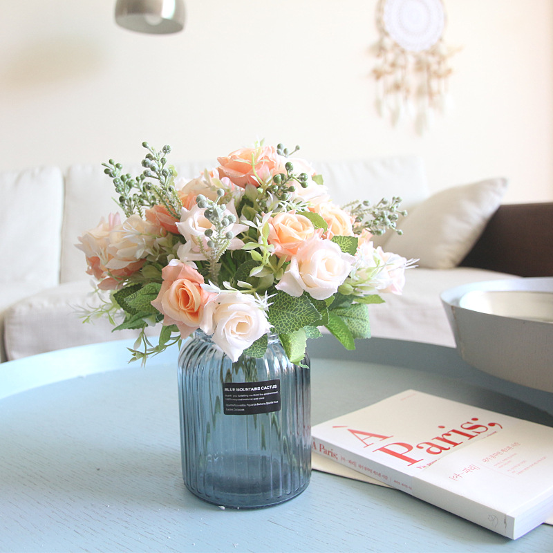 仿真春色三角玫 玫瑰仿真花束 假花装饰盆栽diy配件 酒店桌面插花