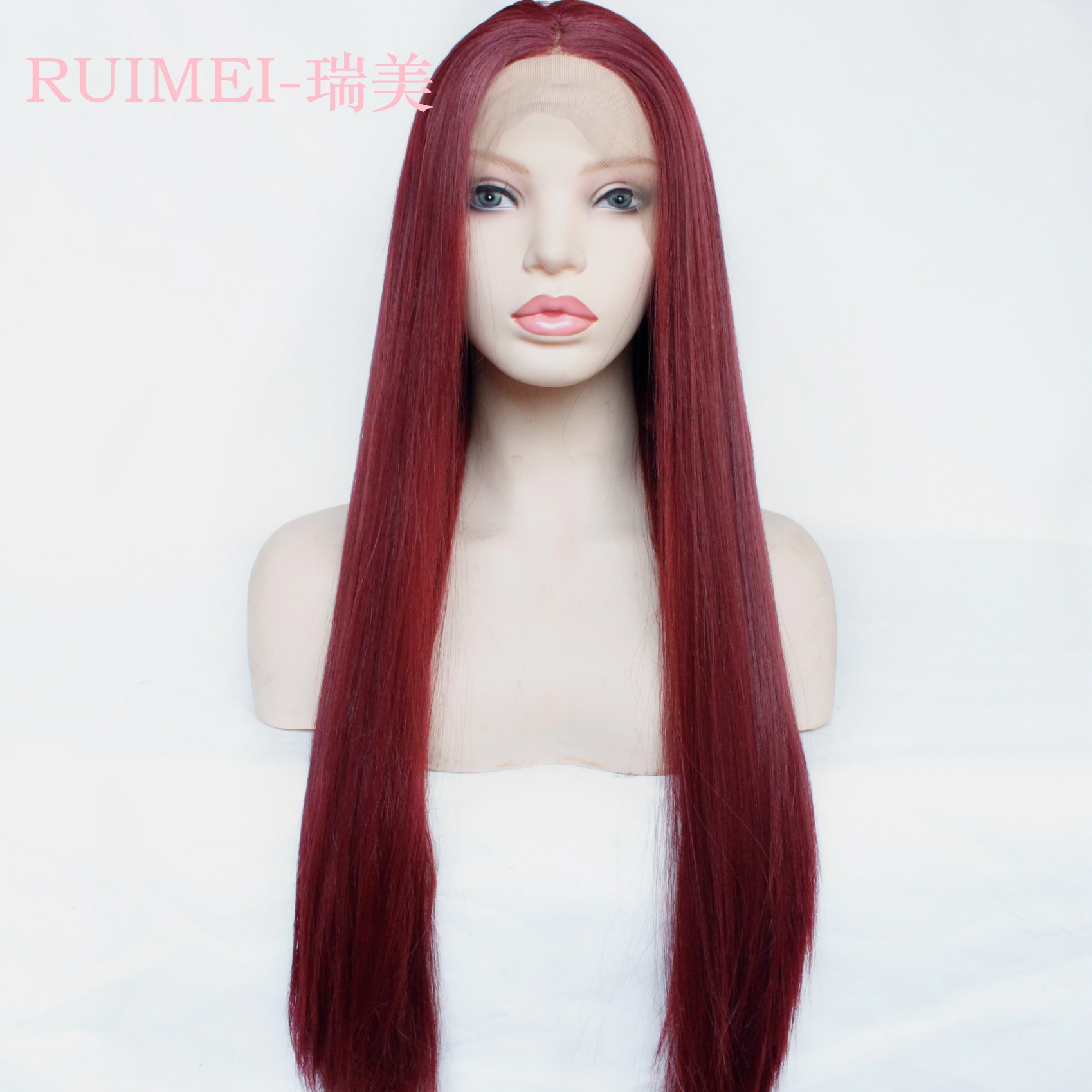 厂家欧美流行枣红色长直发假发化纤前蕾丝半手钩头套118a