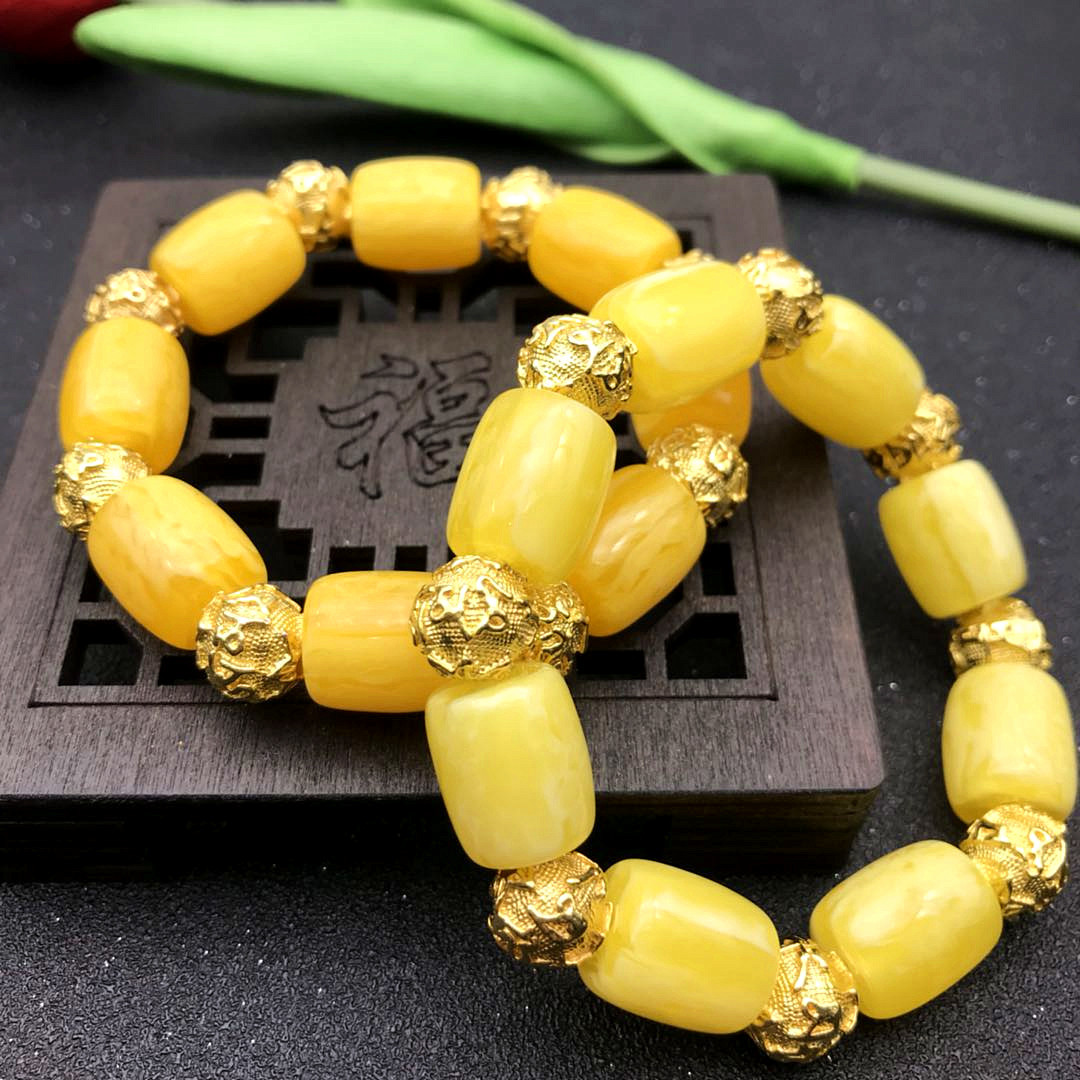 二代蜜蜡手链 隔铜珠老蜡新蜡手串圆珠手链 荧光琥珀二代情侣手链