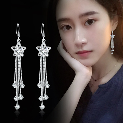 S Earrings Women's Korean-Style Long and Simple 925 Sterling Silver Tassel Earrings Crystal Personality Wild Earrings