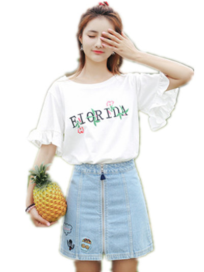 Embroidered 2023 Summer New Korean Style Women's Clothes Flared Sleeves Short-Sleeved T-shirt Women's Student Shirt Trendy One Piece Dropshipping