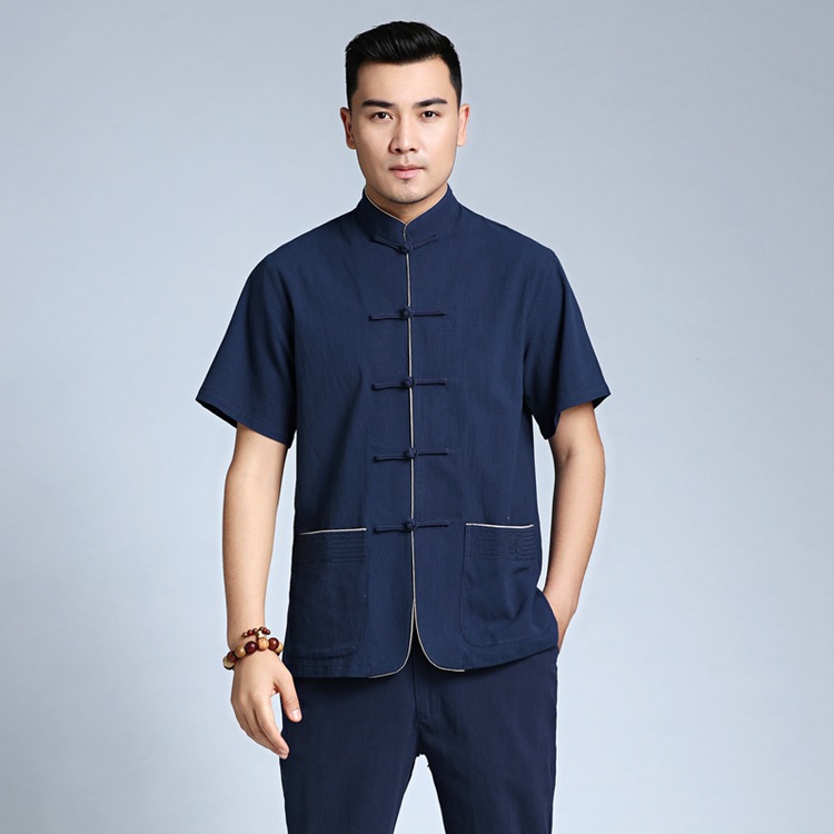 唐装男短袖夏季立领盘扣中式上衣爸爸装中国风男装汉服短袖上衣