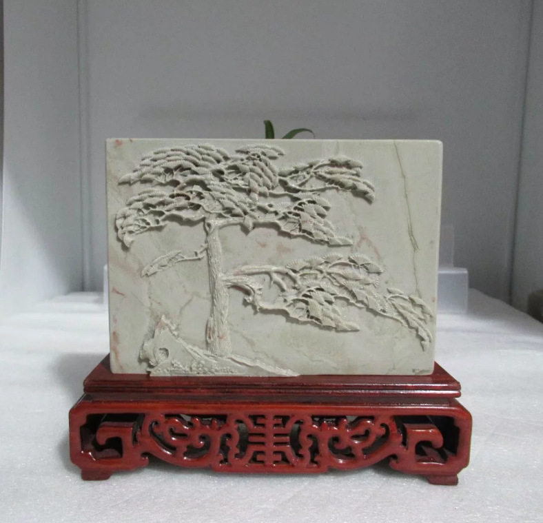 14.5*10.5*3.8cm青田石叶腊石松树浮雕博意摆件大印章金石篆刻批