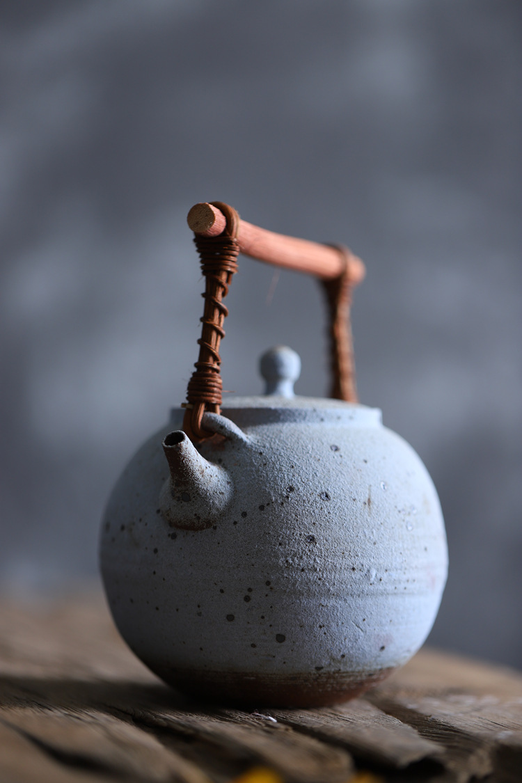 景德镇粗陶粉引虫蛀茶壶泡茶壶木柄提梁壶粗陶耐火大茶壶