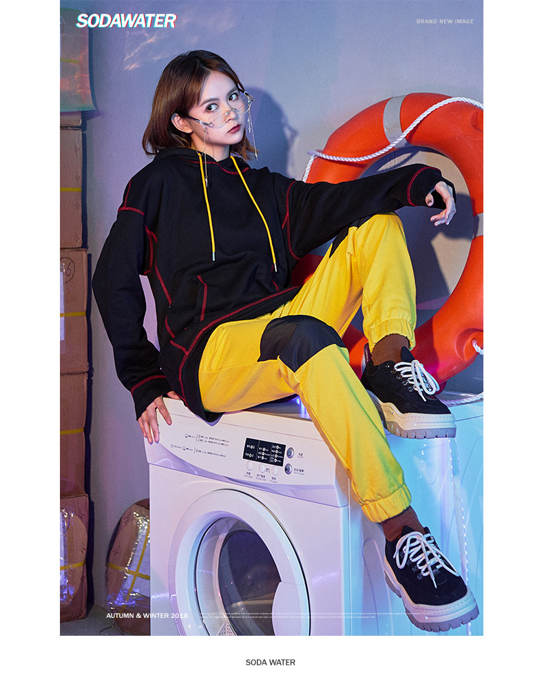 soda女装|裤子女春2019新款休闲学生黄黑撞色百搭缩脚运动裤女