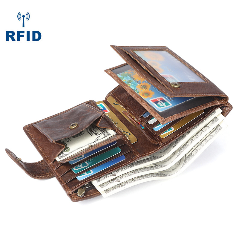 Cross-Border New Men's Wallet Rfid Multiple Card Slots Casual Retro Leather Wallet Large-Capacity Handbag Coin Purse