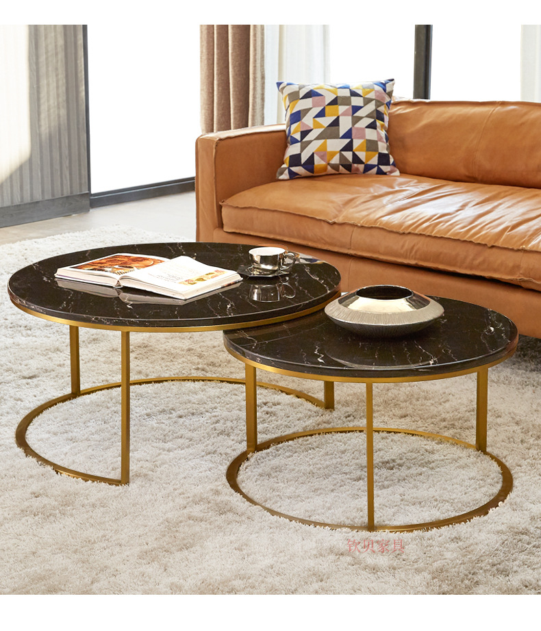 大理石茶几圆形客厅现代简约客厅咖啡桌金色创意黑白北欧圆形茶几
