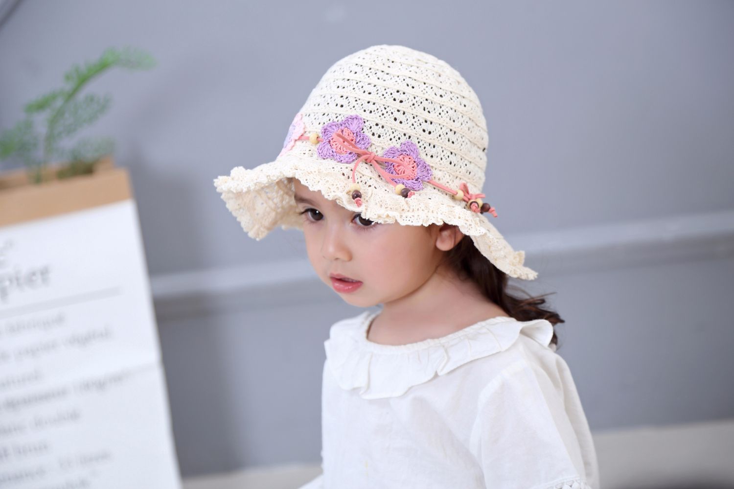 外贸工厂蕾丝花边手钩花朵女童草帽童帽儿童太阳帽宝宝遮阳帽