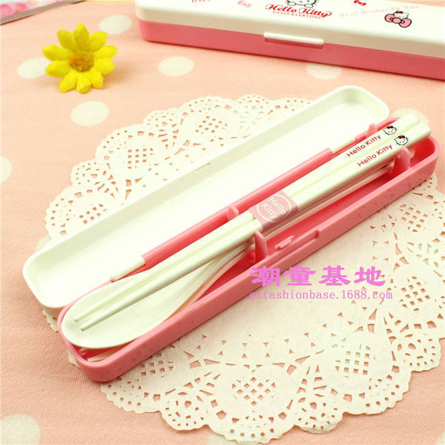 Cute Student Chopsticks Spoon Fork Set Portable Tableware Three-Piece Set with Cutlery Box Three-Piece Tableware