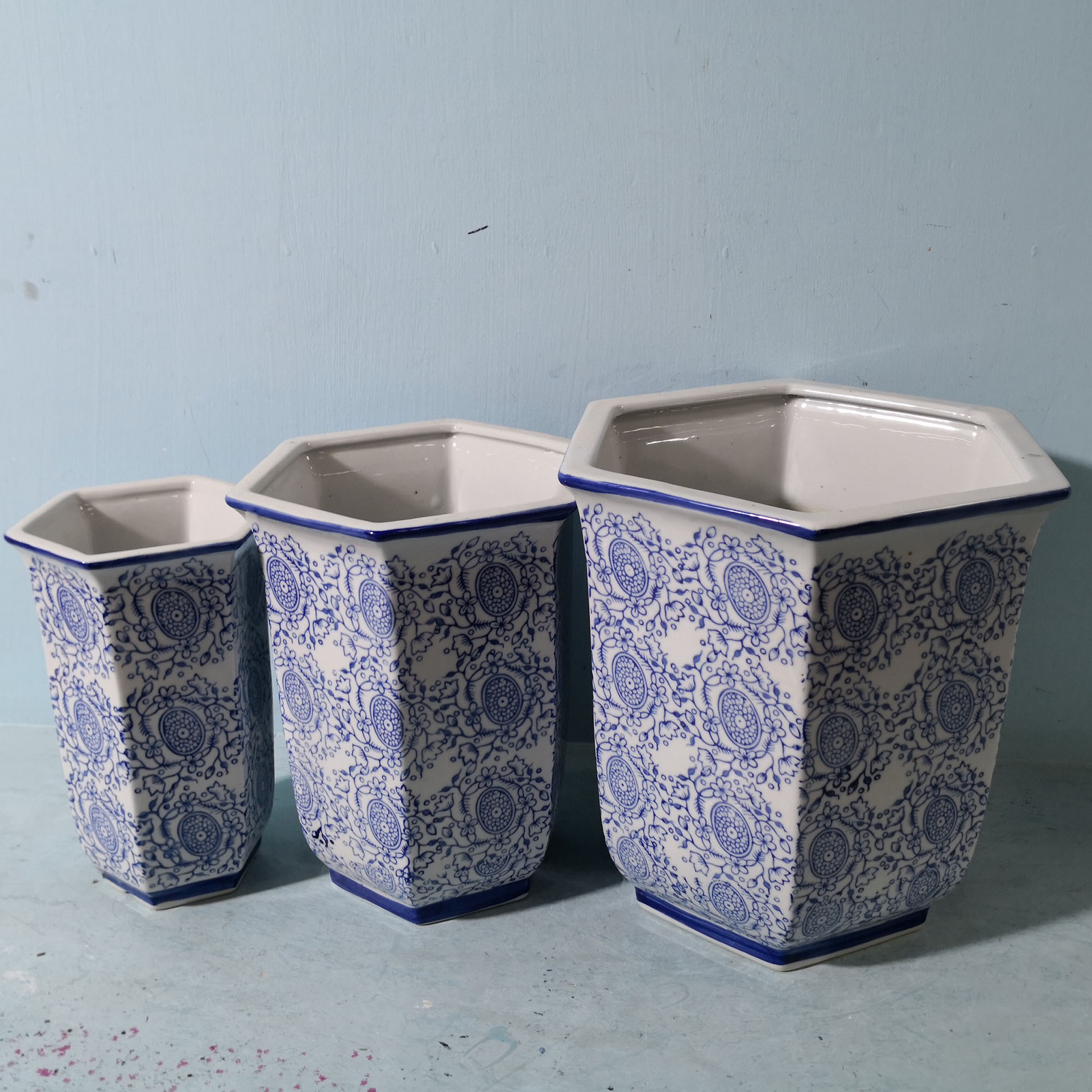 8.5~11寸三头六角手绘青花高温陶瓷花盆兰花盆室外梅花fy0439