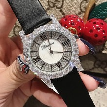 蒂米妮时尚银白色锆石罗马女表个性皮表带腕表时装表水钻女士手表