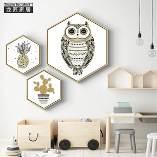 龙匠六边形现代简约装饰画创意个性可爱动物客厅卧室儿童房挂画