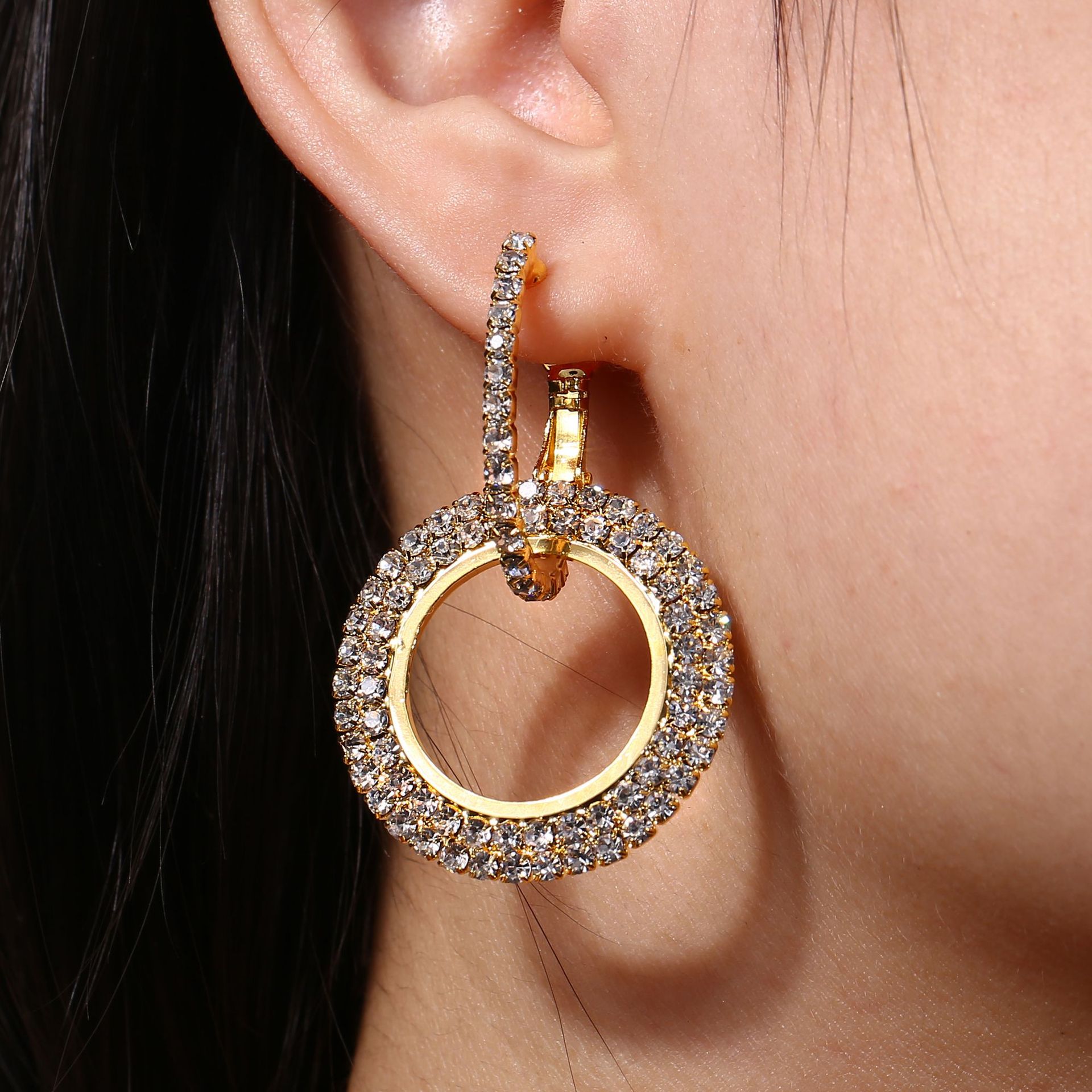 欧美跨境气质圈圈镶钻耳环 欧美时尚潮人夜店闪钻圆圈夸张大耳钉