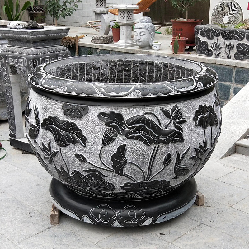 现货供应青石仿古石雕鱼缸做旧荷花盆奍鱼缸庭院景观装饰