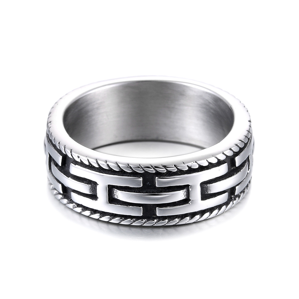 欧美速卖通热卖首饰 男士长城纹不锈钢戒指 钛钢饰品批发