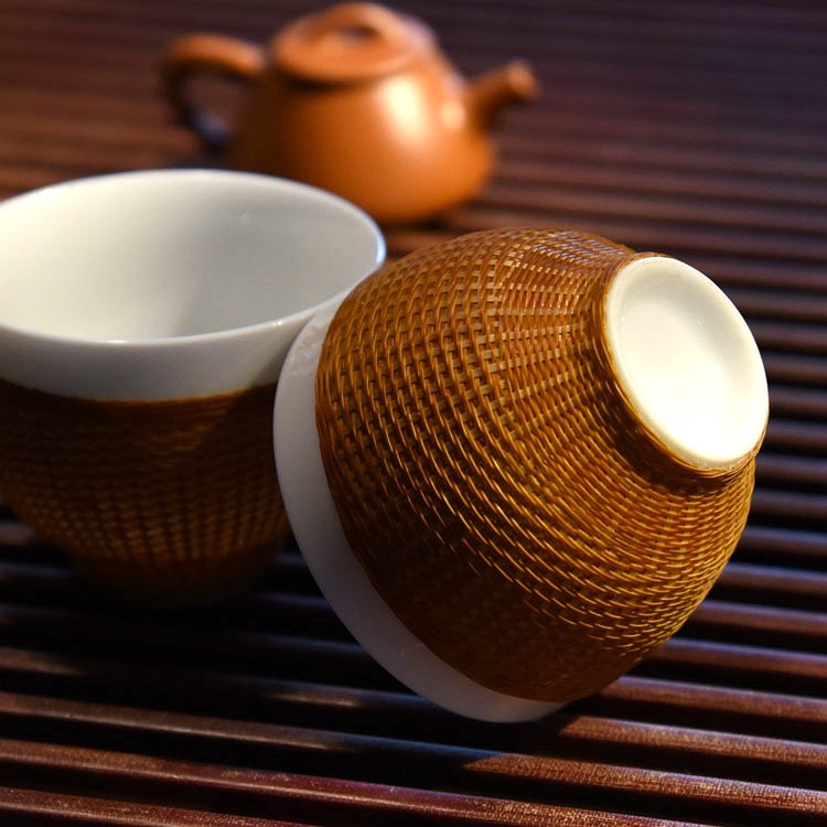 竹编茶杯瓷胎竹编竹丝扣瓷 主人杯闻香杯
