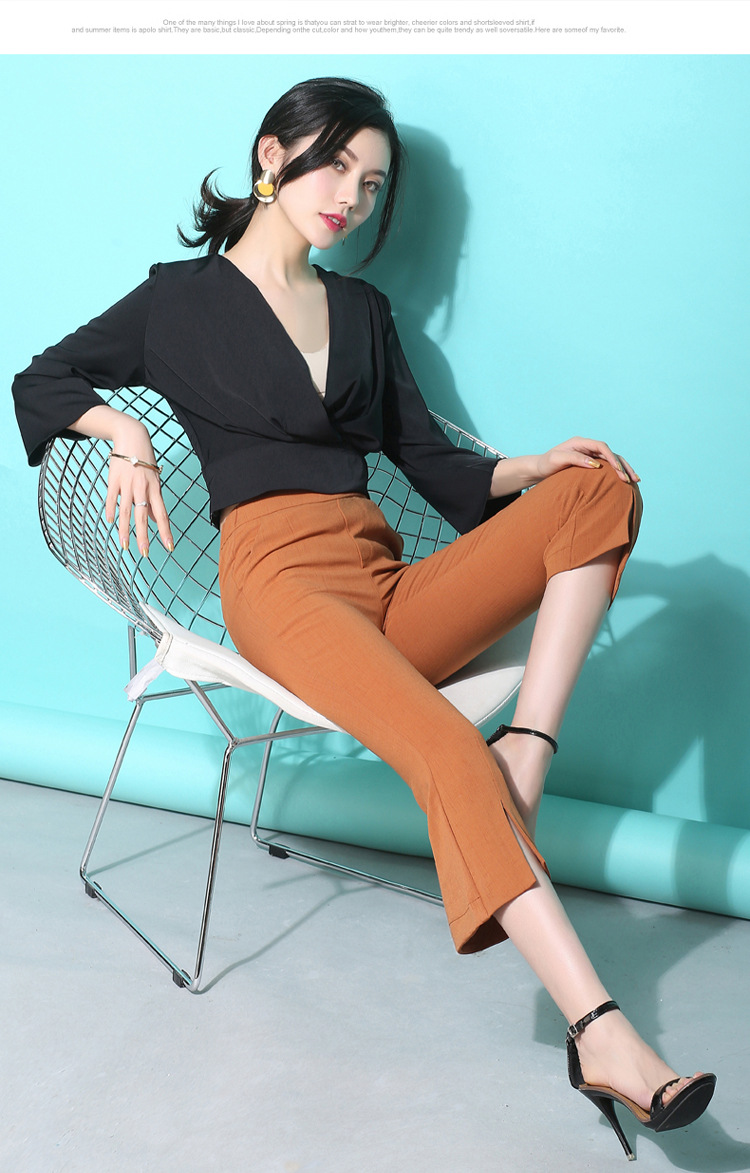 2018夏季新款开叉微喇裤显瘦高腰时尚七分喇叭裤女