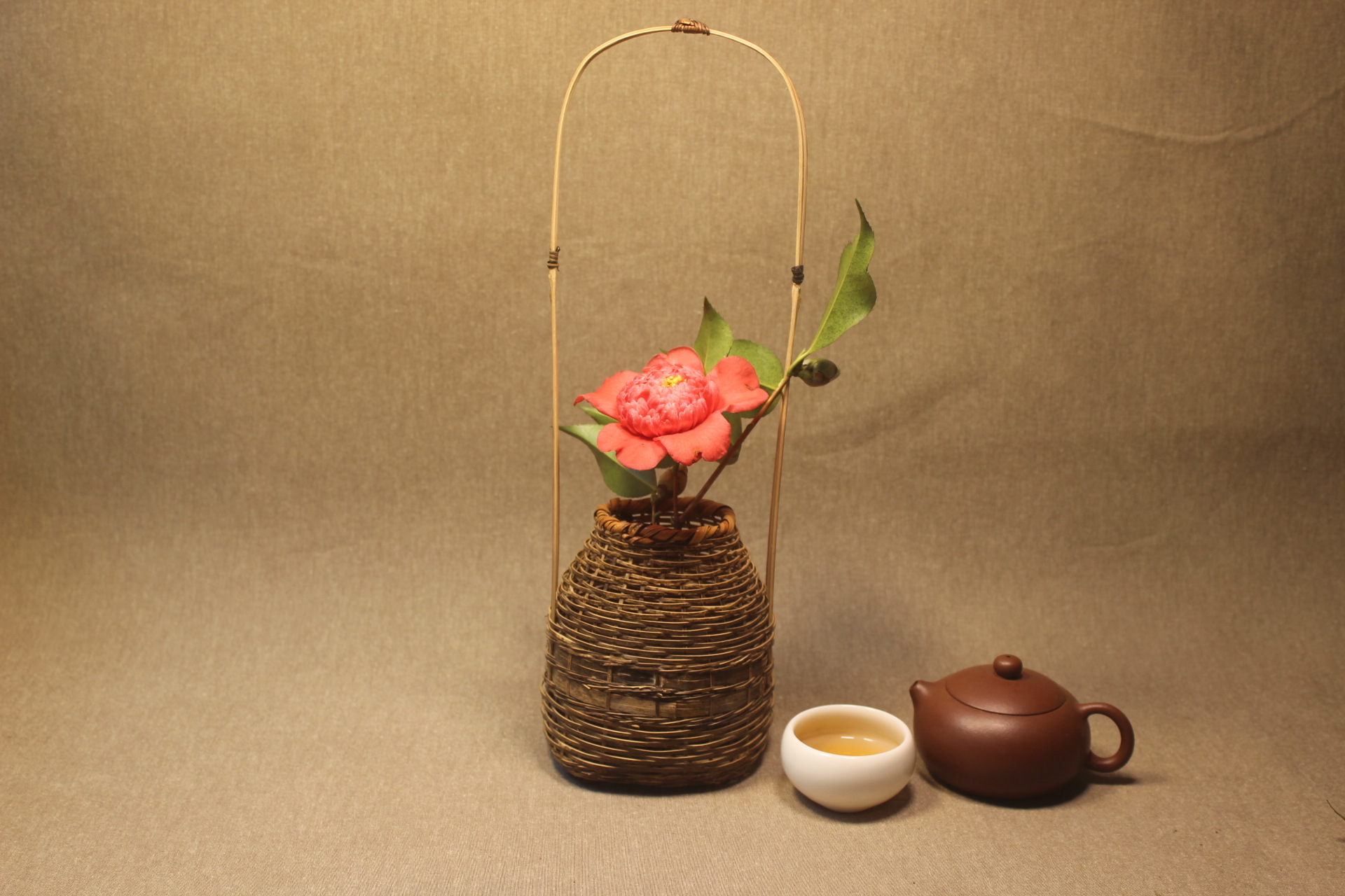 创意日式竹编花器 中式摆件手提花篮 酒店茶桌居家装饰工艺品