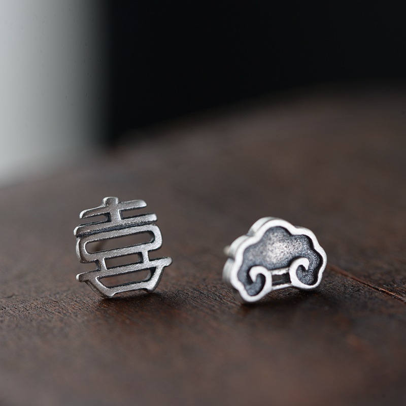 银饰耳钉批发 s925银复古哑光工艺耳饰 女款简约小清新款如意喜字