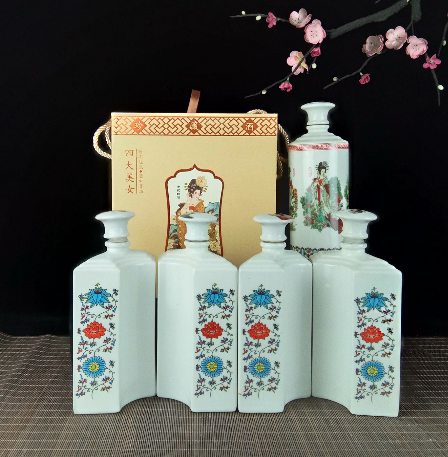 景德镇陶瓷酒瓶1斤扇形四大美女陶瓷酒瓶 仿古烤花艺术陶瓷酒缸