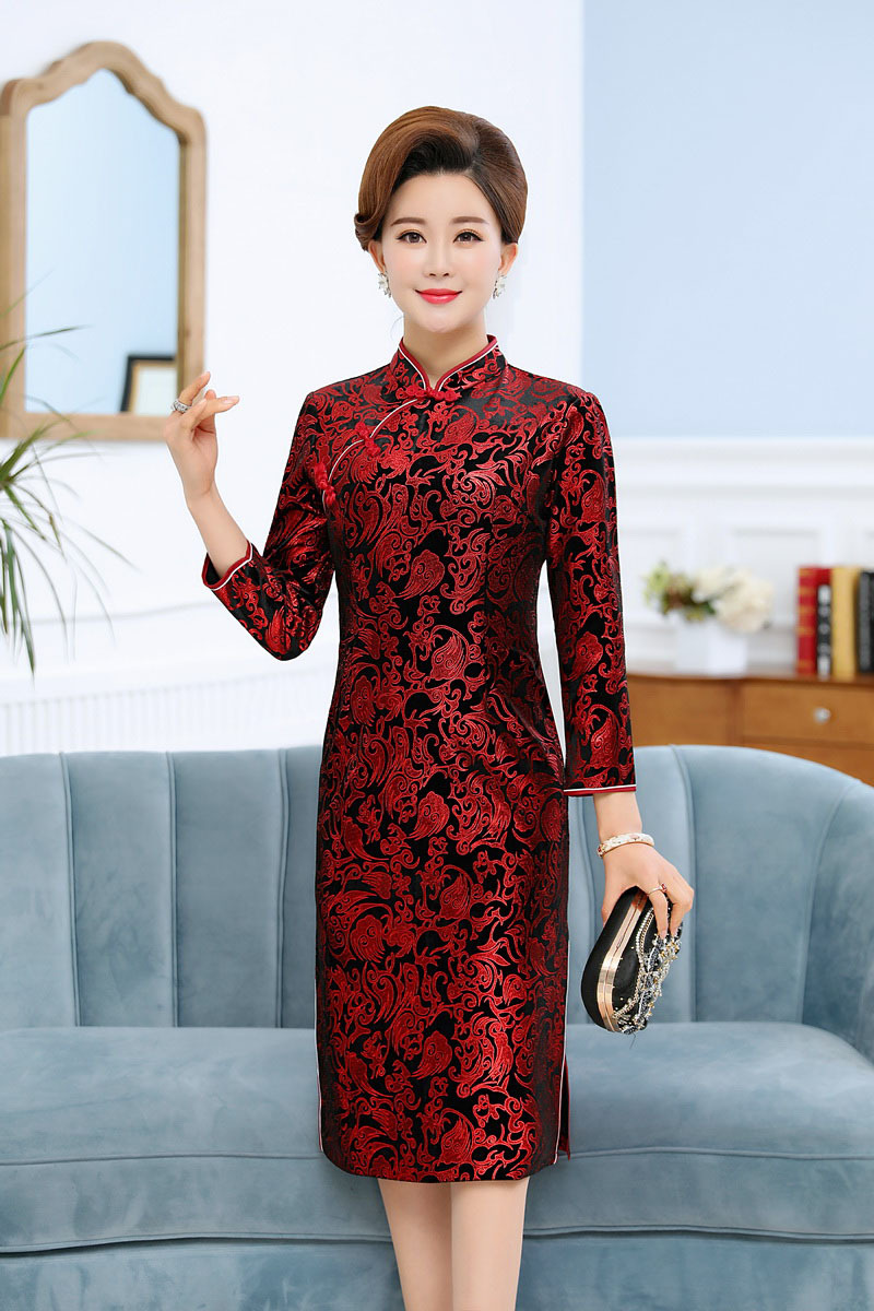 妈妈装修身中老年烫金旗袍裙货号wx1802
