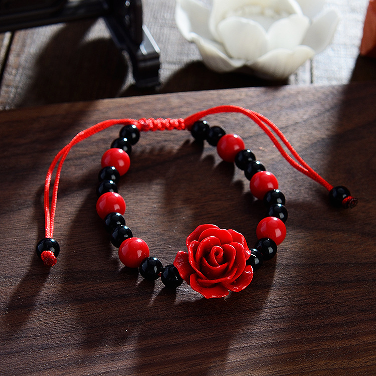 Cinnabar Red Lacquer Carving Rose Bracelet Wholesale Hand Strap Can Extend Ethnic Style Female Temple Fair Gift Store Celebration