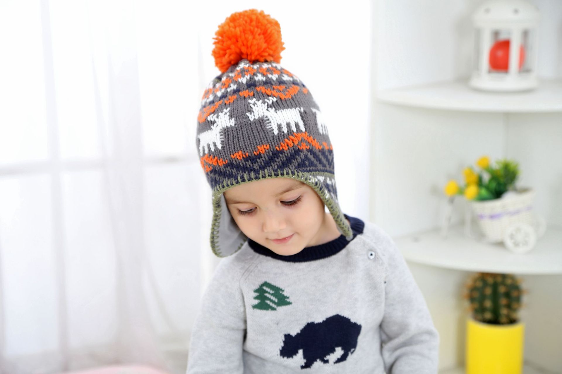 撞色小鹿提花男童针织帽儿童帽子儿童秋冬帽子加厚针织护耳保暖帽