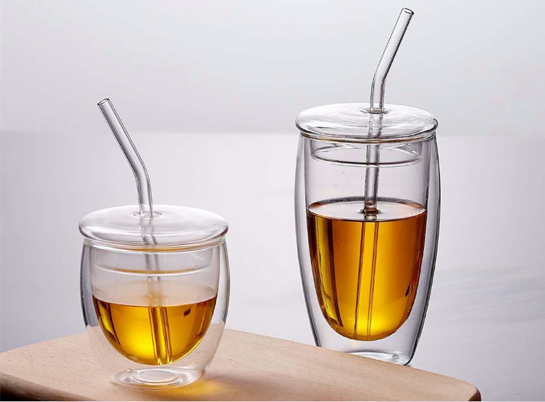 高硼硅玻璃双层杯隔热甜品杯带盖带吸管咖啡杯果汁可乐杯
