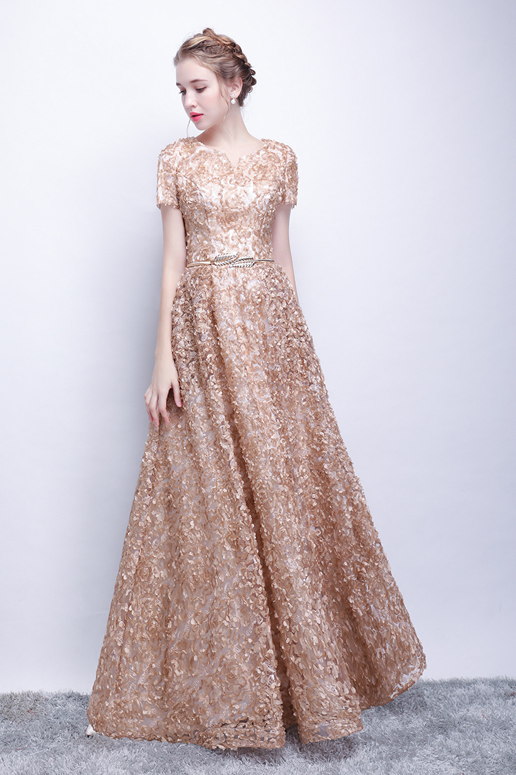 卡其色晚礼服女2019新款主持人礼服长款年会晚宴修身显瘦短袖礼服