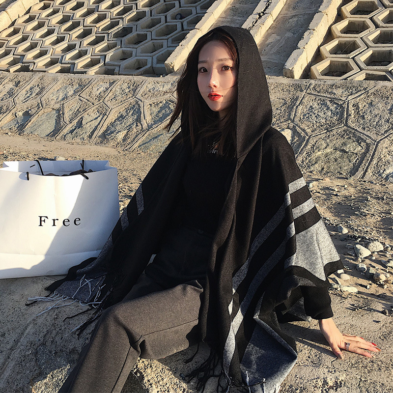 Ethnic Style Talma Cloak Dual Purpose Scarf Cashmere-like Parallel Bars Warm Cloak Female Desert Travel Thickened