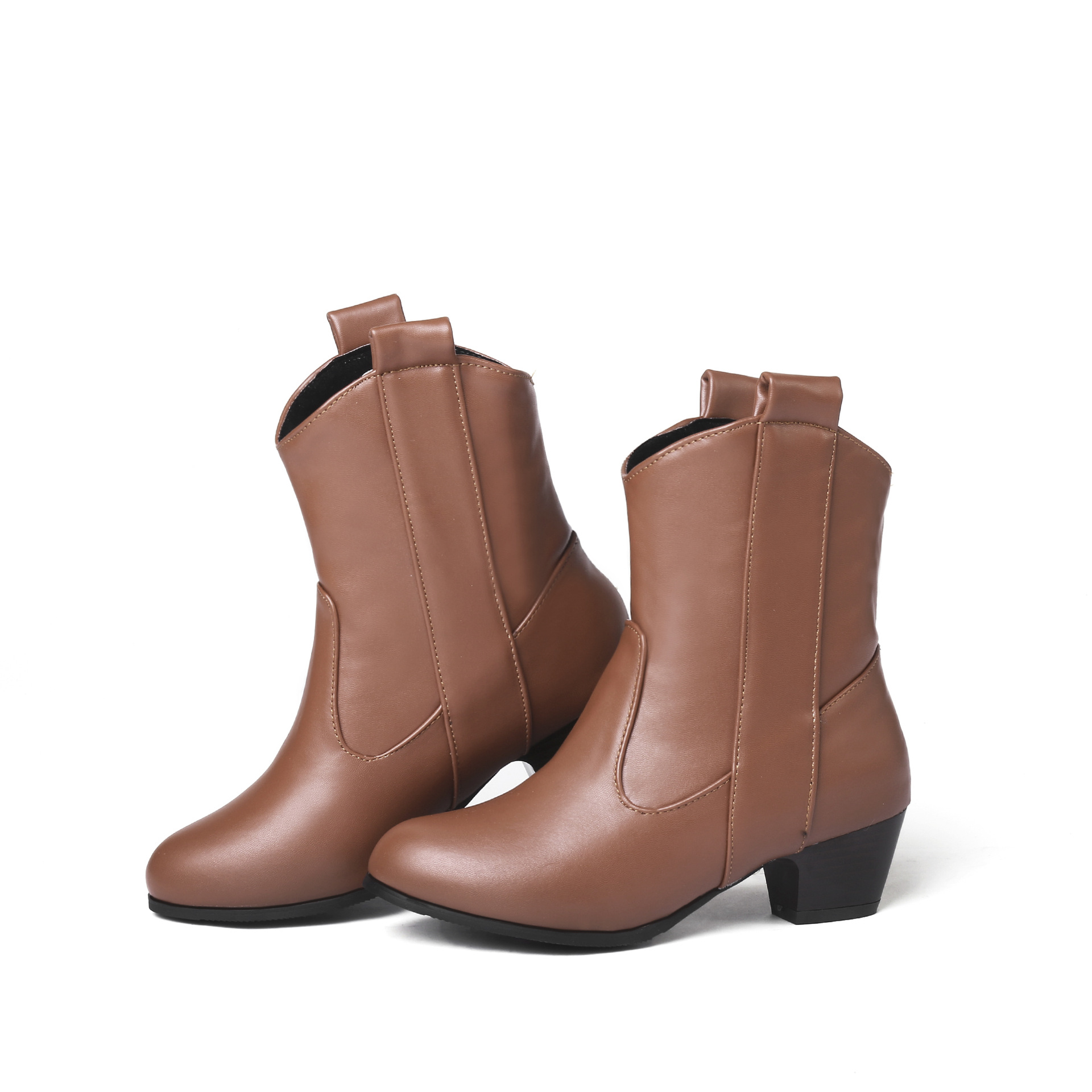 靴子女皮靴秋冬新款短靴粗跟圆头中跟跨境外贸女靴大码女鞋40-43