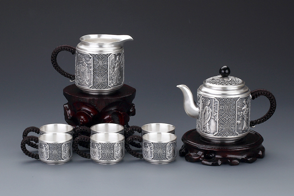 银器 银制品 银礼品 纯银999 银茶具套装 银茶 银茶杯 倒模花丝