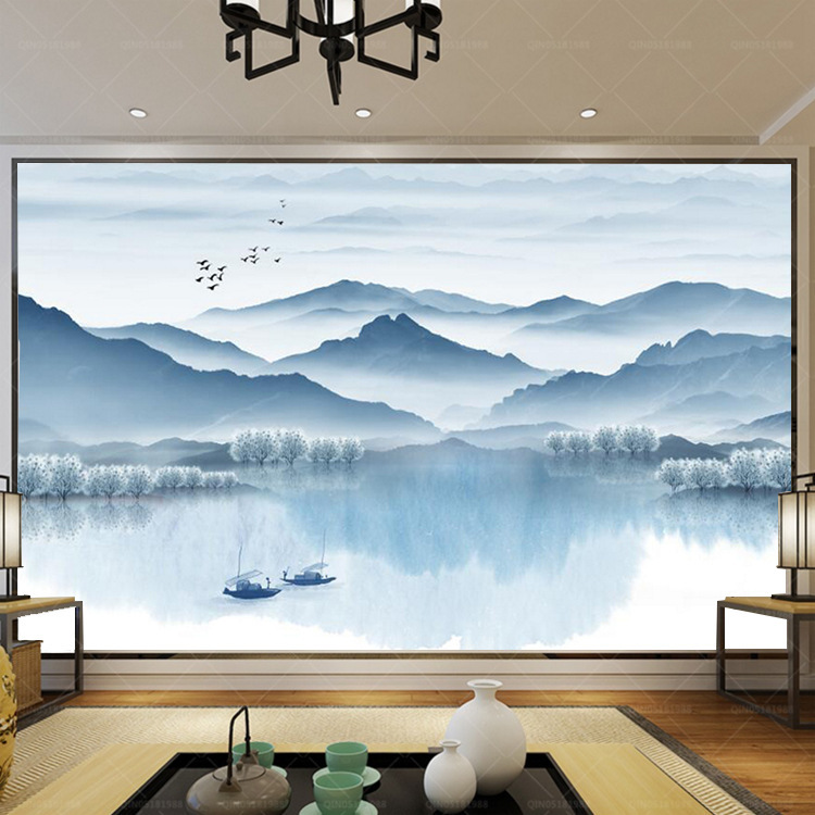 新中式青花山水风景国画客厅沙发电视背景墙墙纸壁纸墙画大型壁画