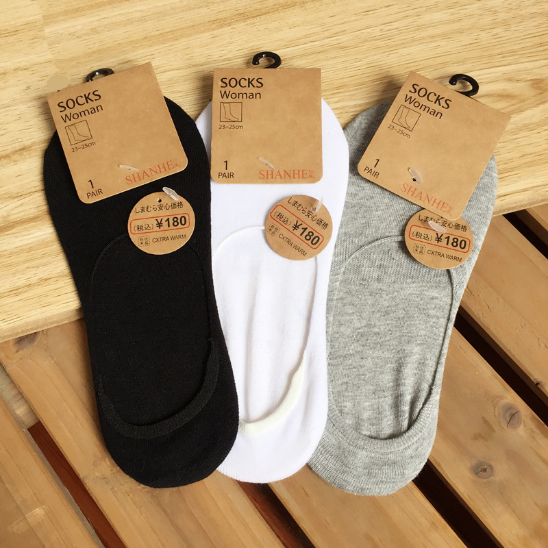 春夏情侣款 200针纯色全棉隐形船袜 薄款浅口硅胶防滑无骨女士棉