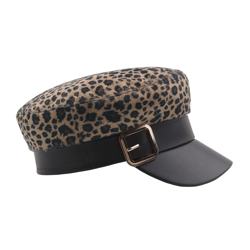 网红豹纹海军帽女秋冬款韩版百搭时尚鸭舌帽潮人pu皮帽檐平顶帽子