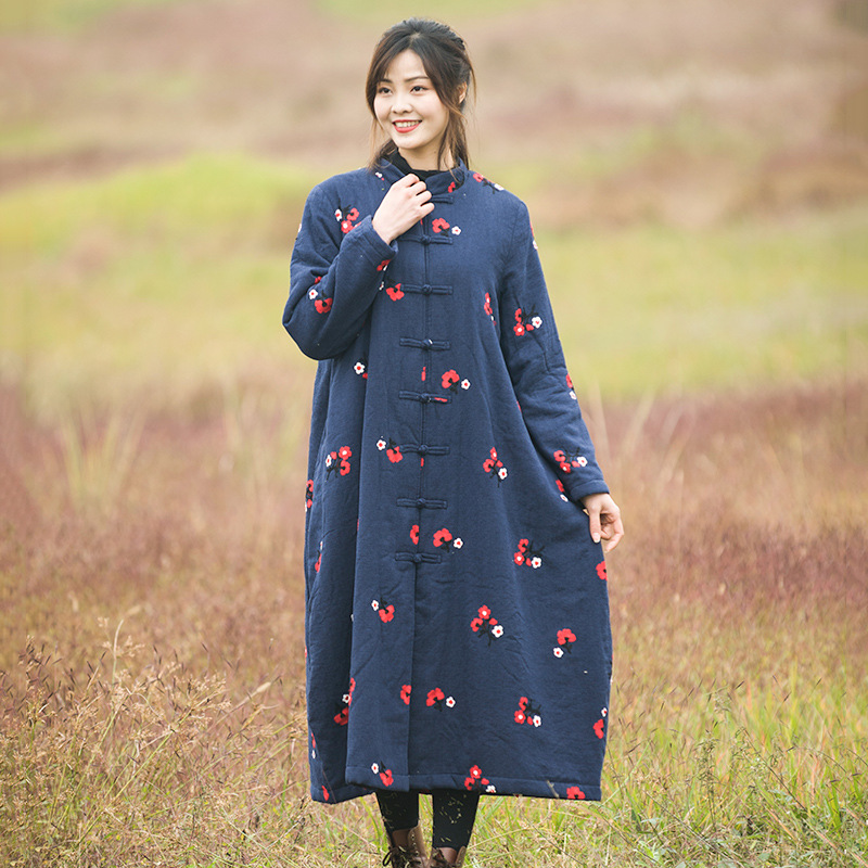 枝牌新款棉麻女装民族风原创复古斜襟刺绣棉长袍加厚冬季棉衣批发