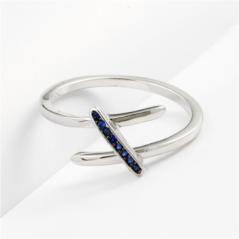 新款s925纯银蓝色锆石条戒指女韩版几何极简手饰银饰