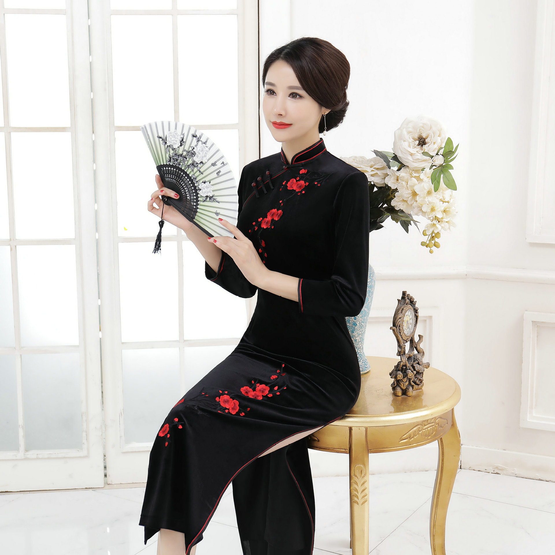 2018初秋新款丝绒修身中长时尚日常旗袍中袖加厚旗袍女