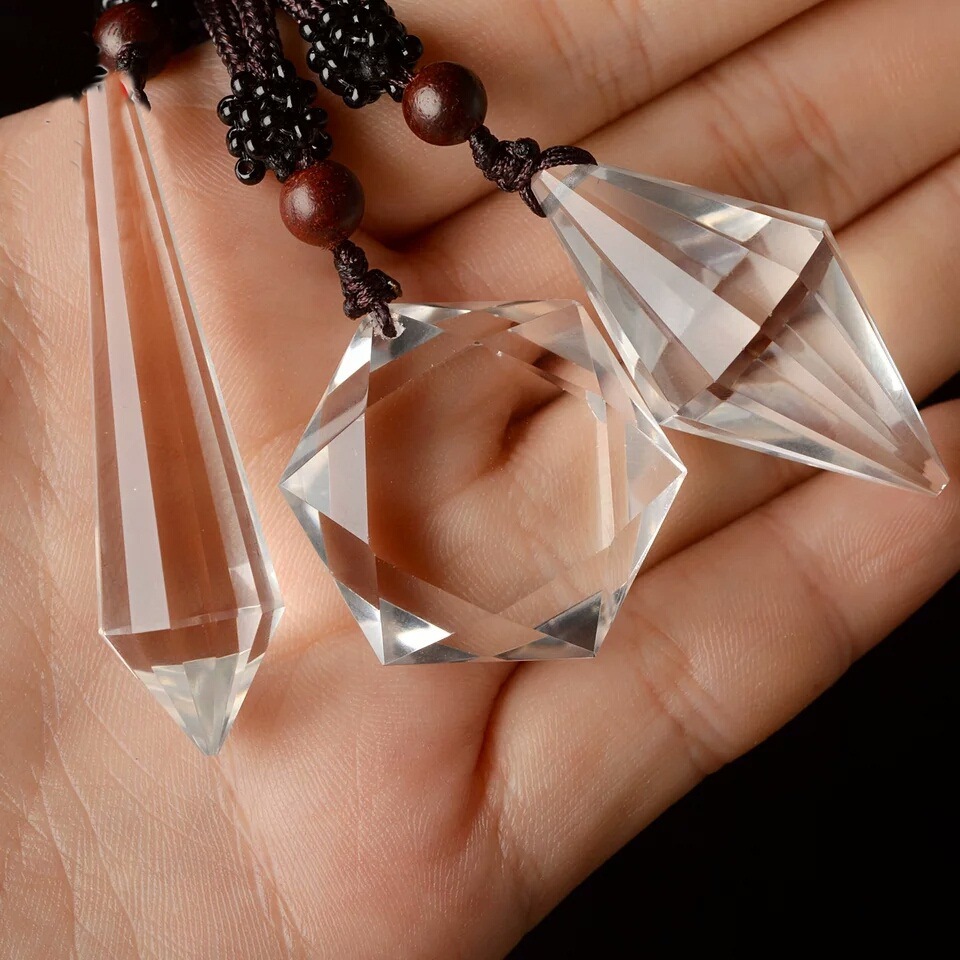 白水晶双尖单尖灵摆吊坠 菱摆挂坠能量柱刻面女士项链坠批发