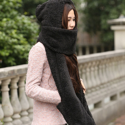 秋冬女连体围脖可爱加厚毛绒连帽围巾帽子手套三件一体