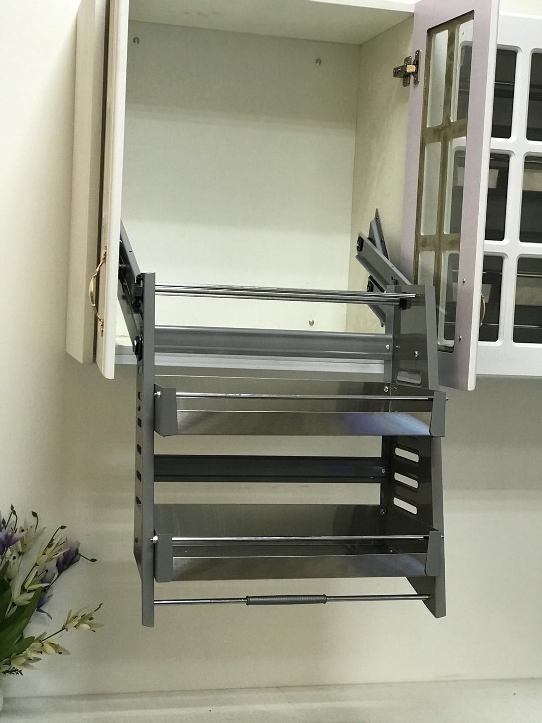 吊柜拉篮橱柜五金厨房手动升降机铝合金吊柜不锈钢304拉篮加厚