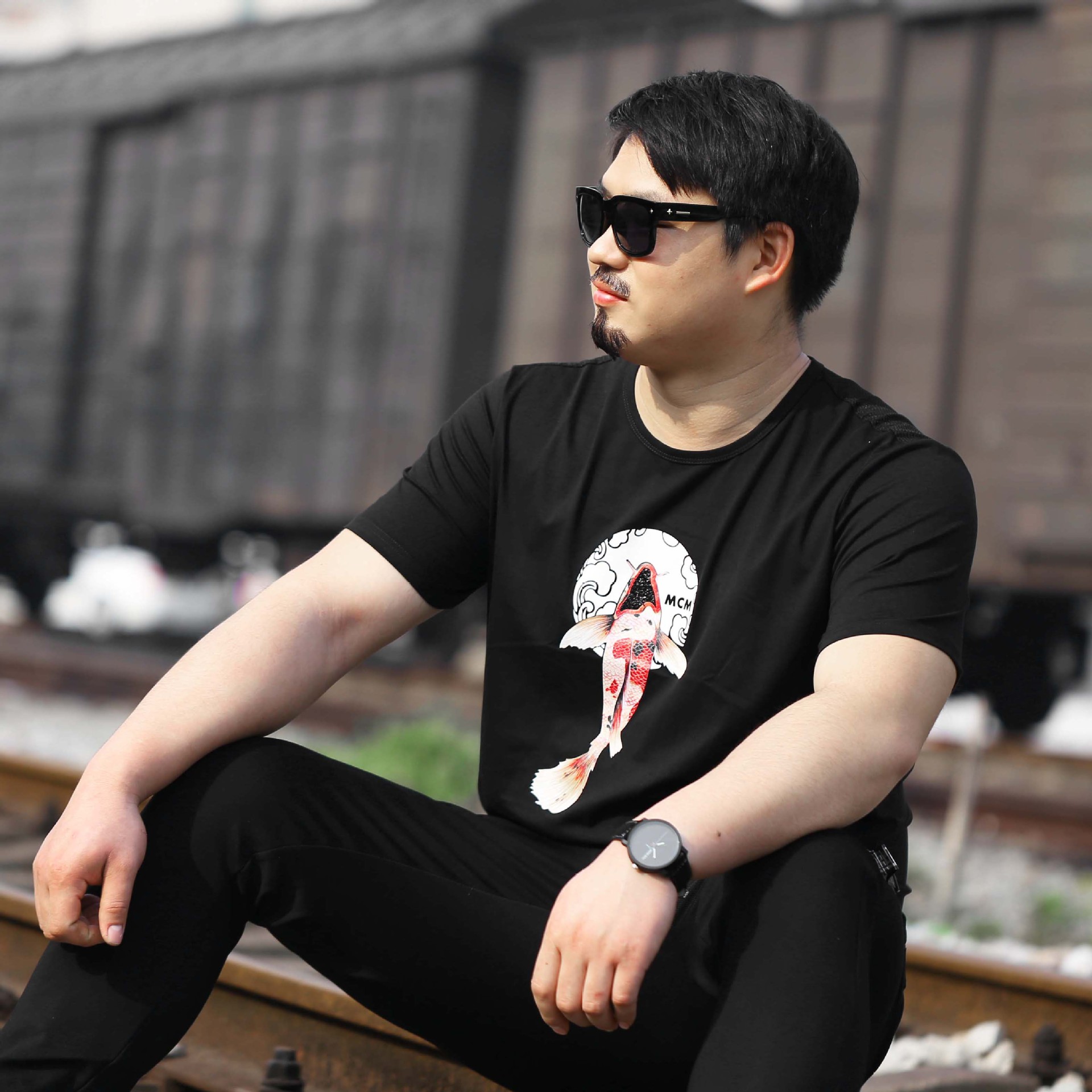 t恤大码男装 胖子高品质鱼印花加大短袖男网面拼接体恤男生