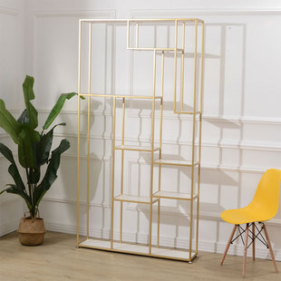 北欧简约家居不规则置物架办公书架金色展示架实木隔板落地置物架