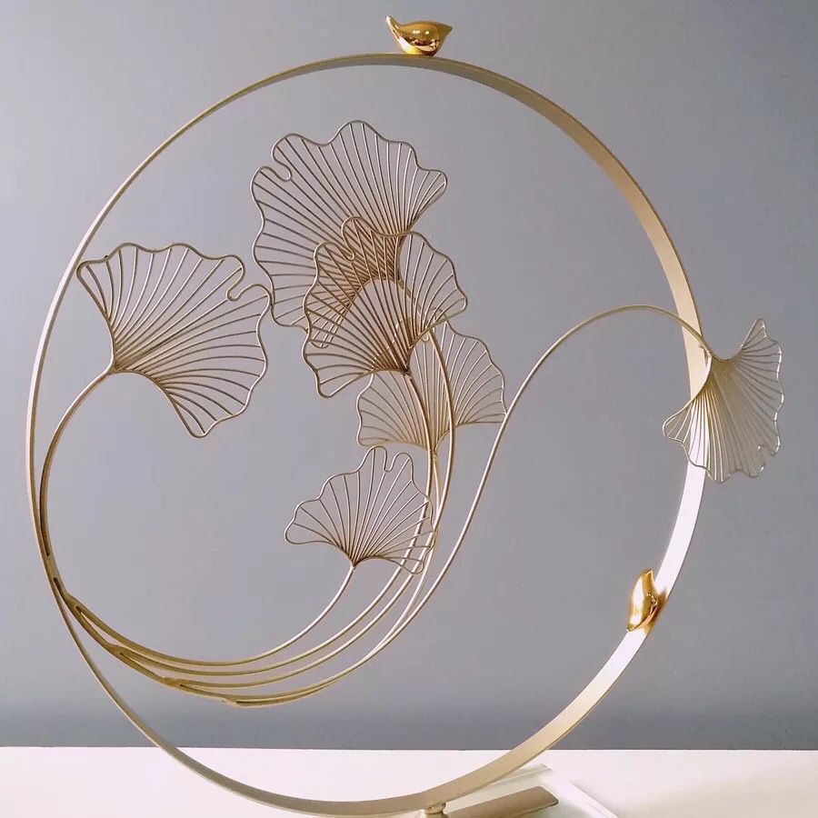 现货批发铁艺工艺银杏叶小鸟玄关书房家居饰品摆件品新中式工艺品