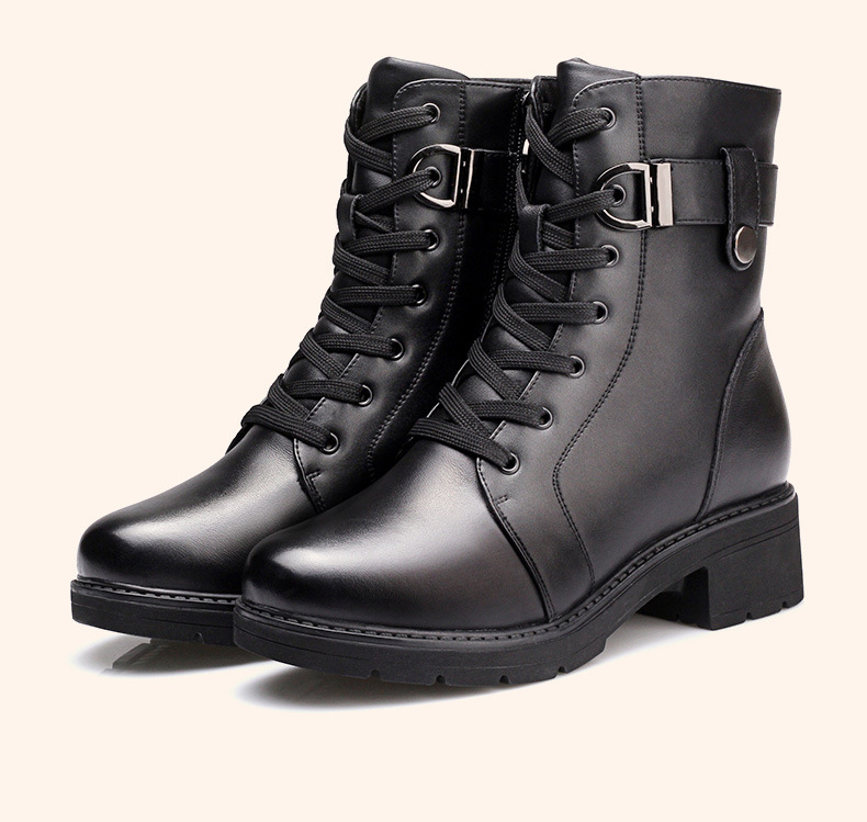 3515强人真皮女靴冬季羊毛军靴女加绒加厚马丁靴粗跟保暖中筒棉靴