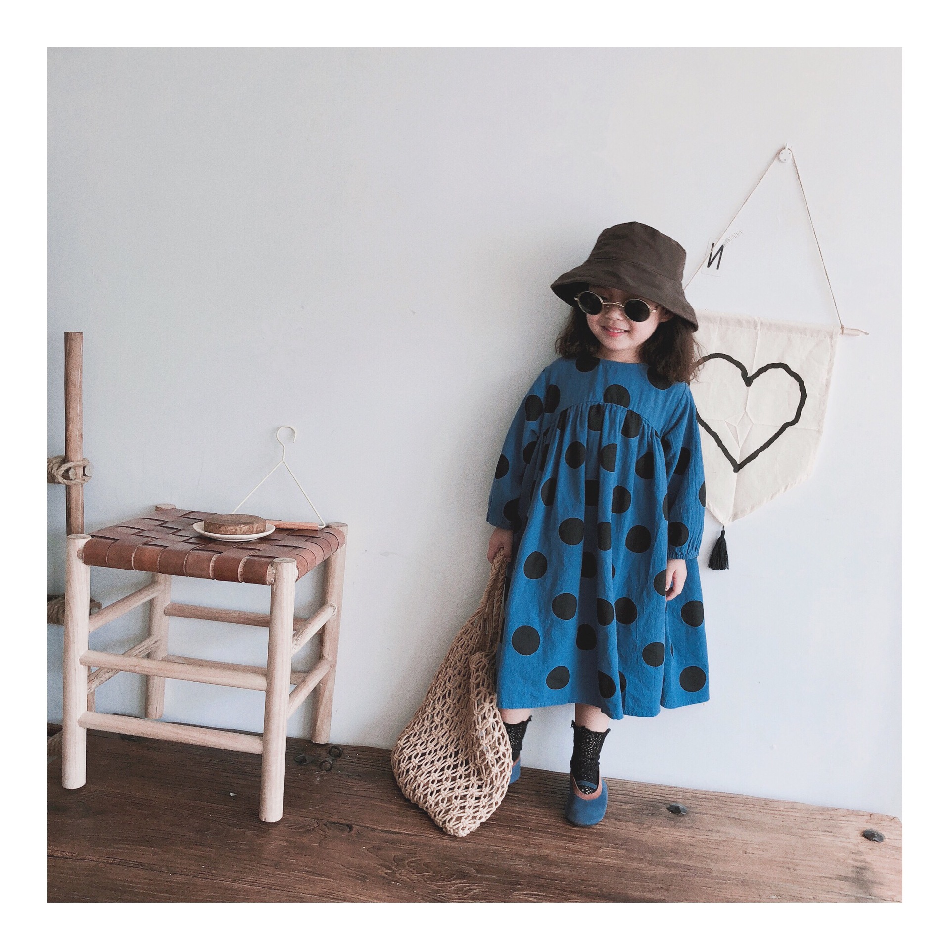 儿童棉麻裙春夏款 韩板森系波点裙 棉麻连身波点裙