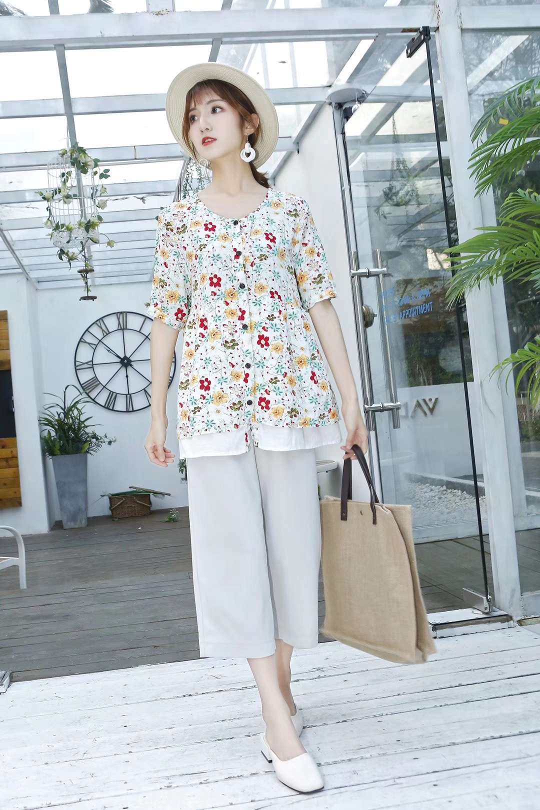 2018夏季新款 日系田园风碎花宽松全棉假两件套开衫上衣女8785