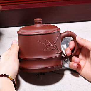 宜兴紫砂杯茶具茶杯陶瓷带盖纯手工贴竹叶男办公喝茶礼品杯子批发